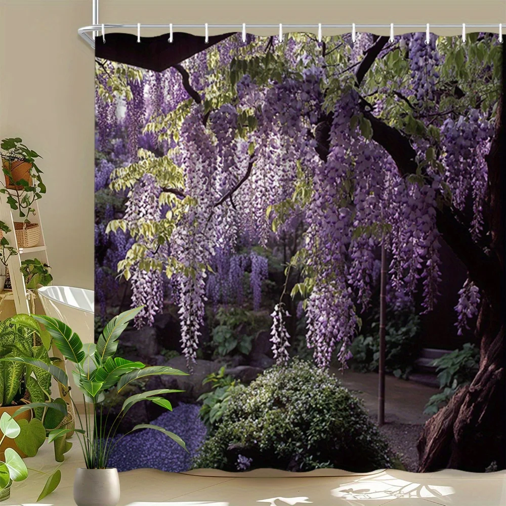 1pc Wisteria Garden Shower Curtain - Japanese Style Lavender Blooms & Pebble Pond Tranquil Scene, Polyester Fabric Bathroom Deco