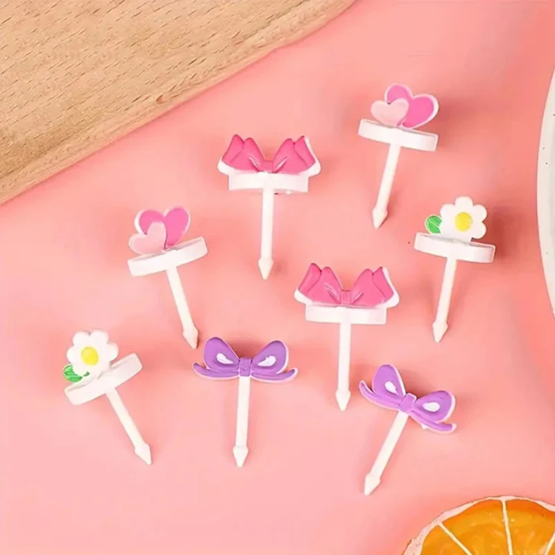 Tenedores de frutas con flores de dibujos animados para niños, Mini palo de postre para cupcakes, palillos de comida, palillo de dientes DIY, decoración de caja Bento para niños, corazón de amor