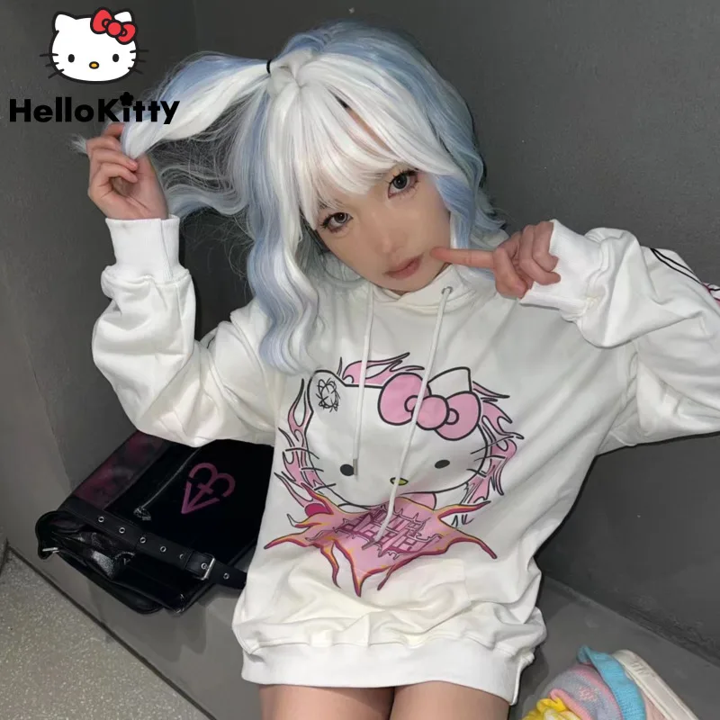 Sanrio Hello Kitty Printed Design Hooded Sweater Women\'s Autumn Winter Plush Thickened Top Japanese Style Sweet Y2k Girl Clothes