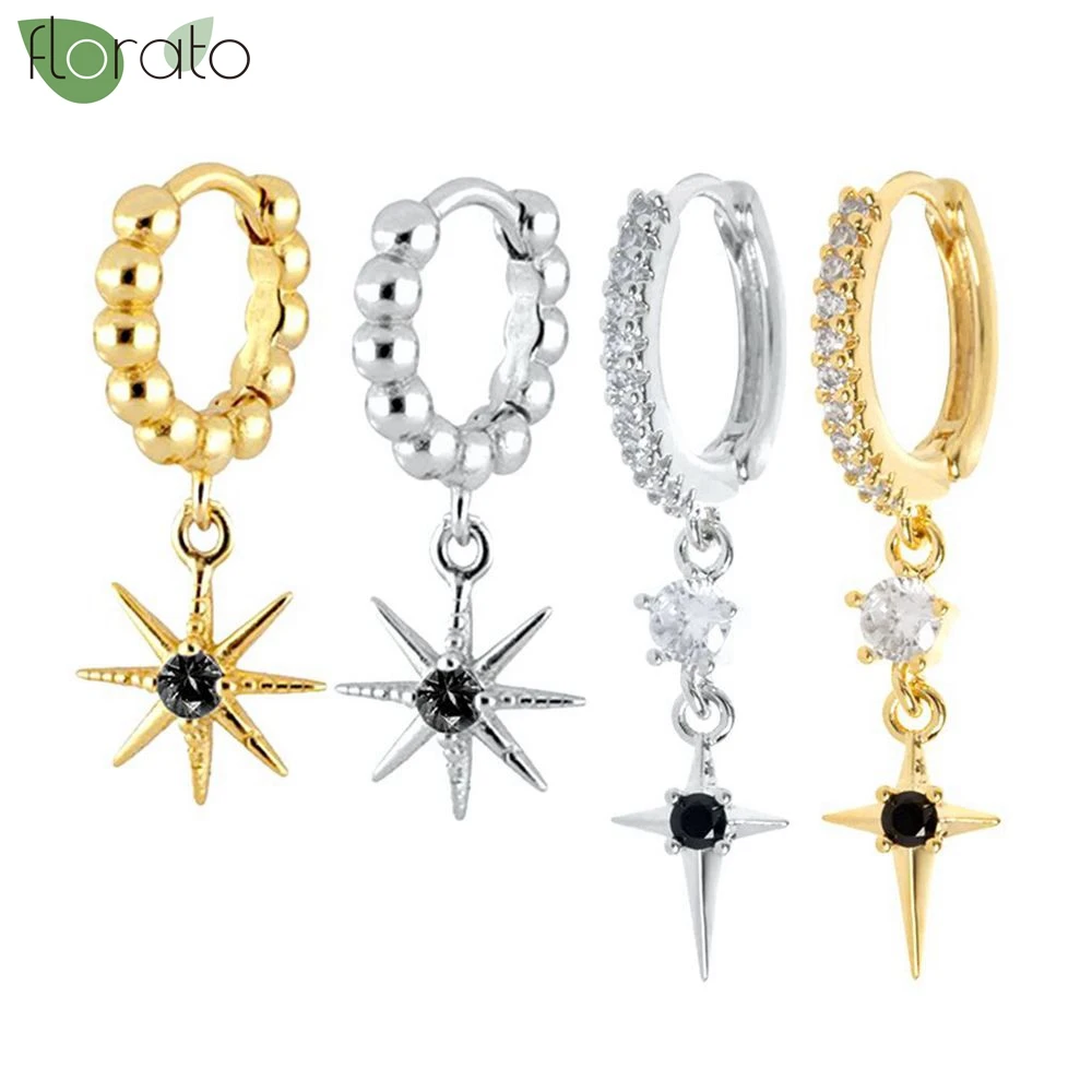 

925 Sterling Silver Needle Black Star Zircon Pendant Earrings 2025 New Gold Color Small Hoop Earrings for Women Fashion Jewelry