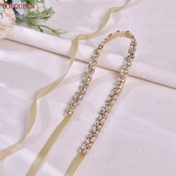 TOPQUEEN Golden Rhinestone Pearl Belt Female Bridal Wedding Dress Sash Thin Party Decoration Girdles Women'S Accessories S383-G