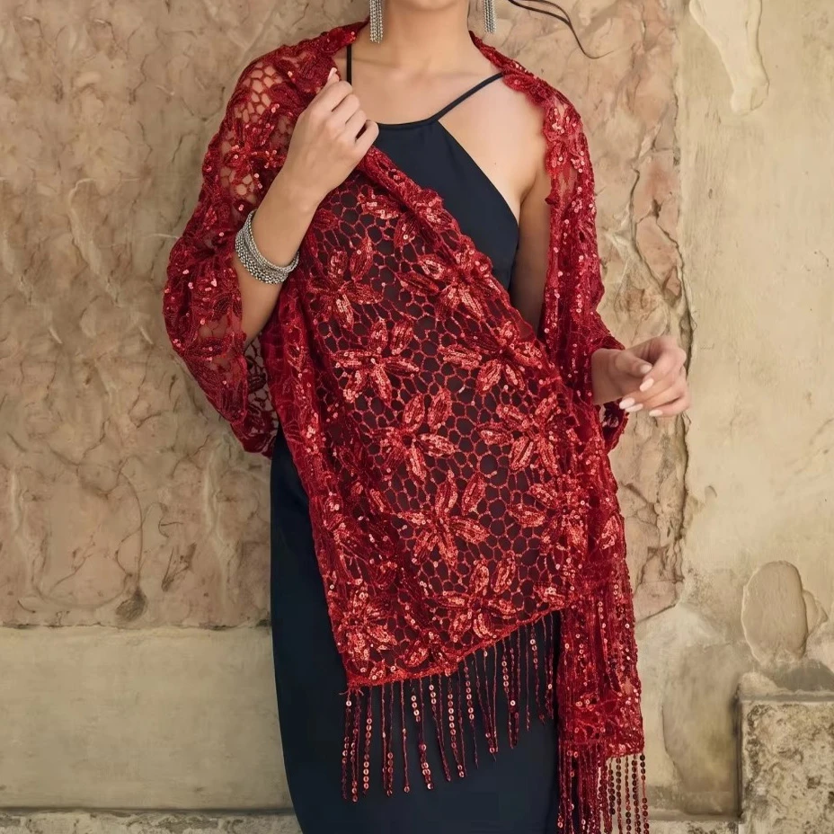 Luxury Large Sequin Fringe Shawl Women Stylish Oversized Blanket Stole Daily Evening Party Outer Wrap Cheongsam Scarf