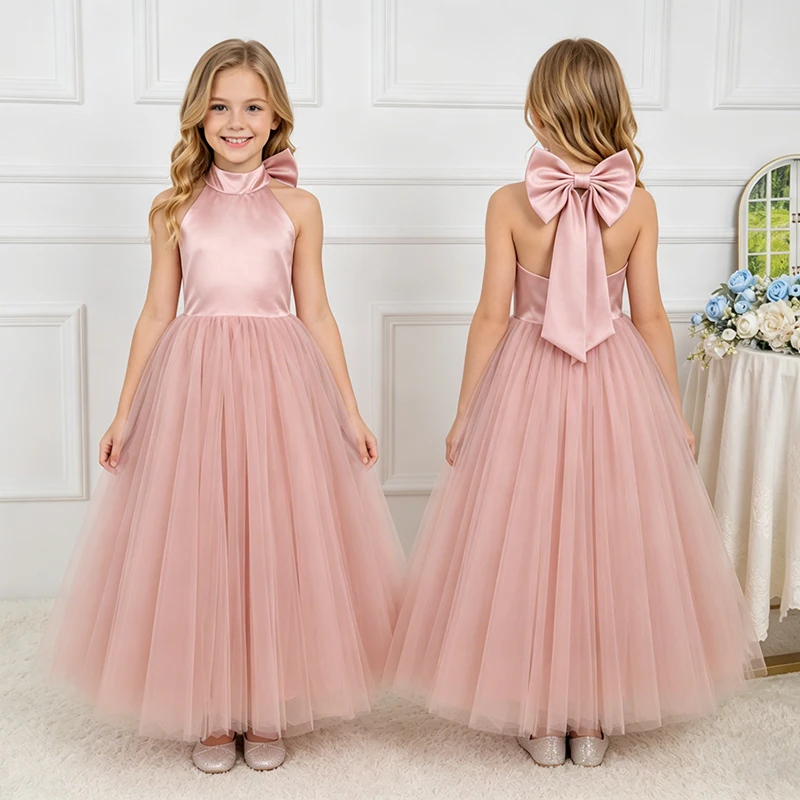 Elegante Vestido de Niña con Gran Lazo, Vestido de Dama de Honor con Tirantes, Tul Largo, Formal, para Boda, Fiesta, Baile de Princesas
