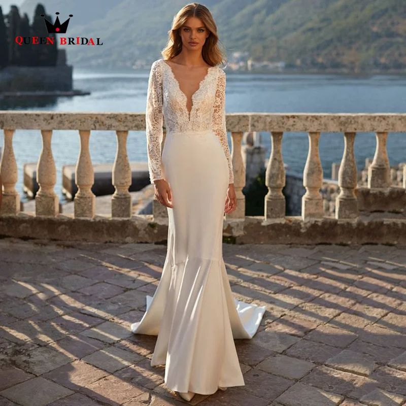 

Elegant Wedding Dress Long Sleeve V-neck Mermaid Appliques Lace Bridal Gown Backless vestido de novia 2023 Custom Made RG17