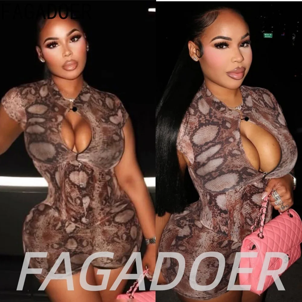 FAGADOER Sexy Snake Pattern Hollow Out Rompers Women's Fashion Metal Corset Stand Collar Jumpsuits Streetwear Bodycon Playsuits