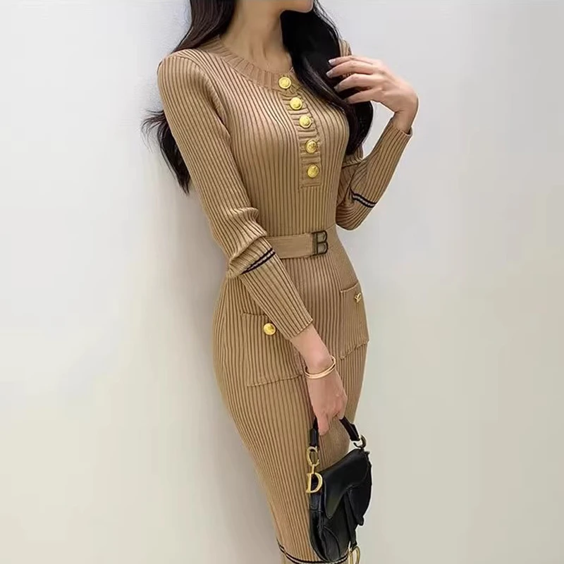 YuooMuoo kobiety ubierają koreańską modę O-neck wąska talia dzianinowa sukienka ołówkowa z paskiem Office Lady Bodycon Vestidos 2024 zima