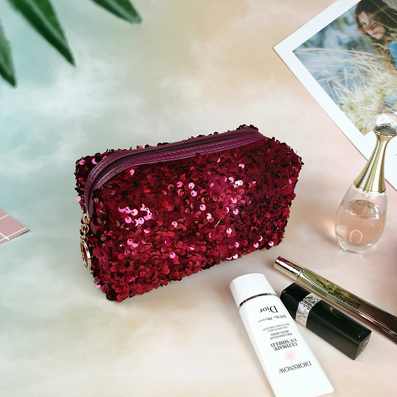 Portable Glitter Makeup Bag Sequin Cosmetic Organizer Party Zipper Pouch Case Women Girls Travel Hangbag