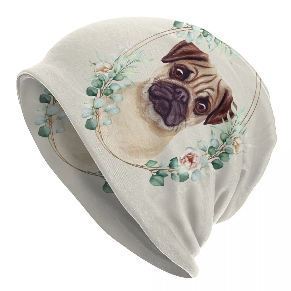 

Pug Dog In Floral Gold Wreath Skullies Beanies Caps Men Women Unisex Streetwear Winter Warm Knit Hat Adult Bonnet Hats