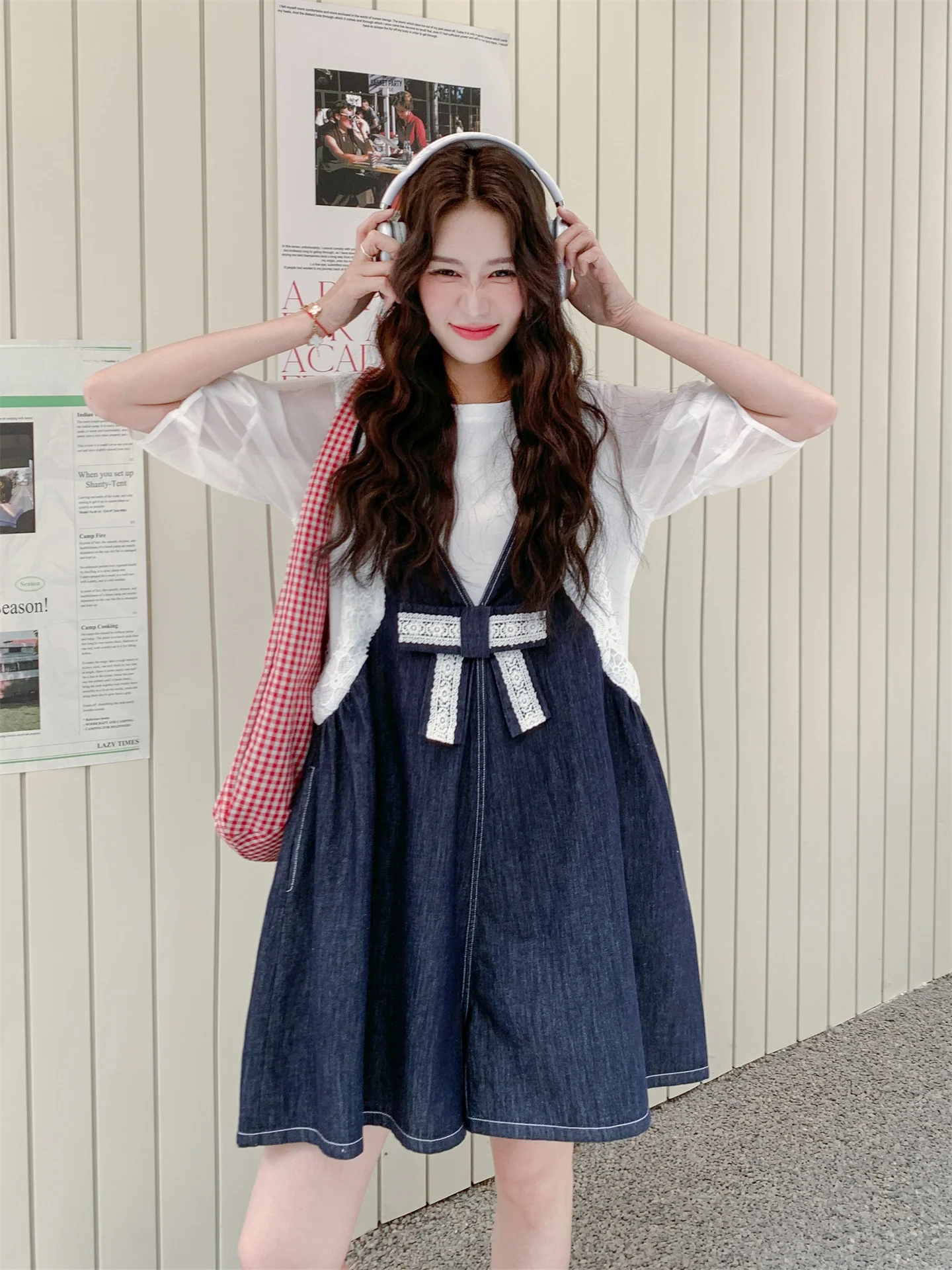 Summer  Knot Denim Overalls Women's Faion Set Two-Piece Suit Not Matched with Others Anti-Aging Trendy Ensemble
