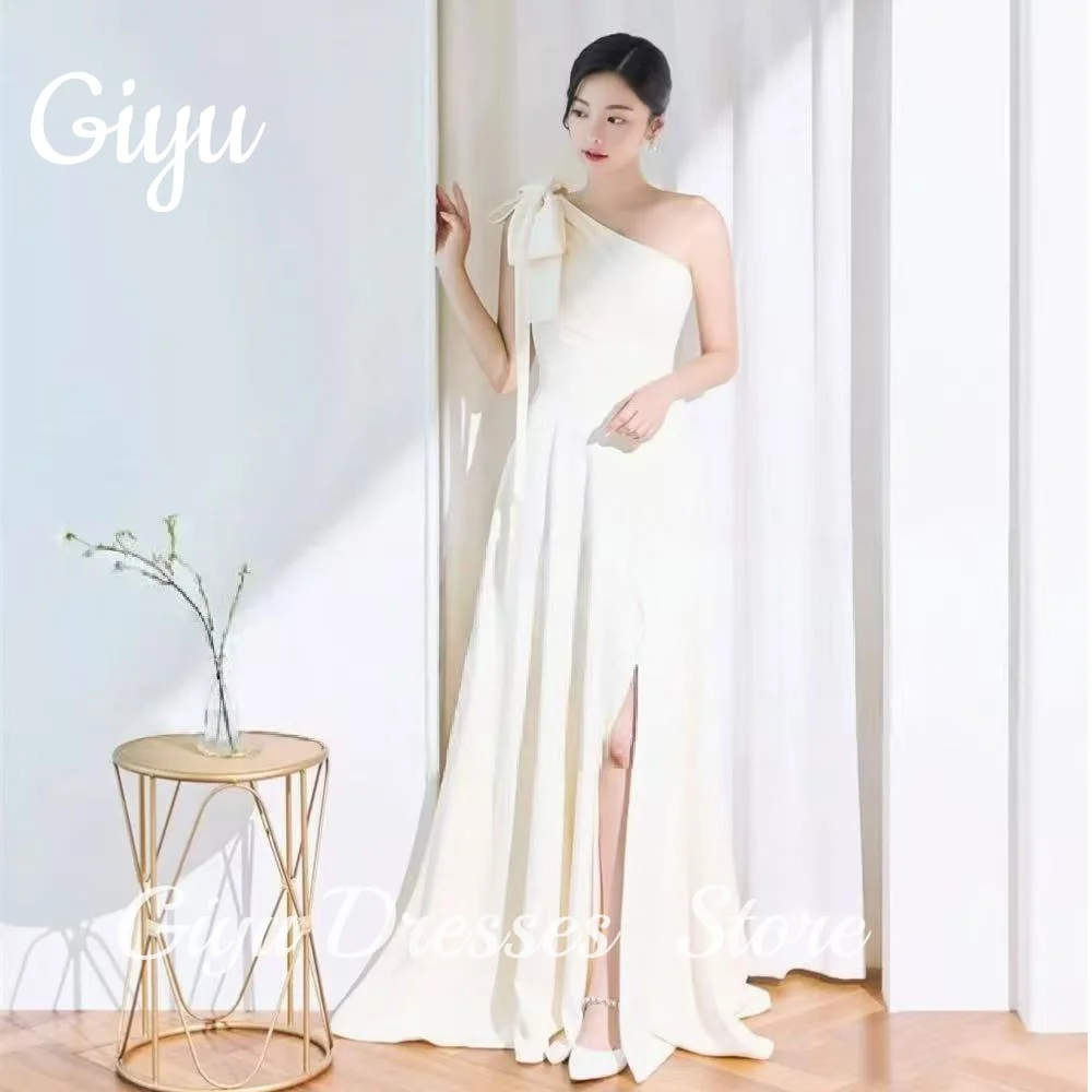 Giyu Simple A-line Satin Wedding Dress Korea Photoshoot Bow Pleat Side Slit Floor-Length Above 웨딩드레스 Bridal Gown Customised 2025