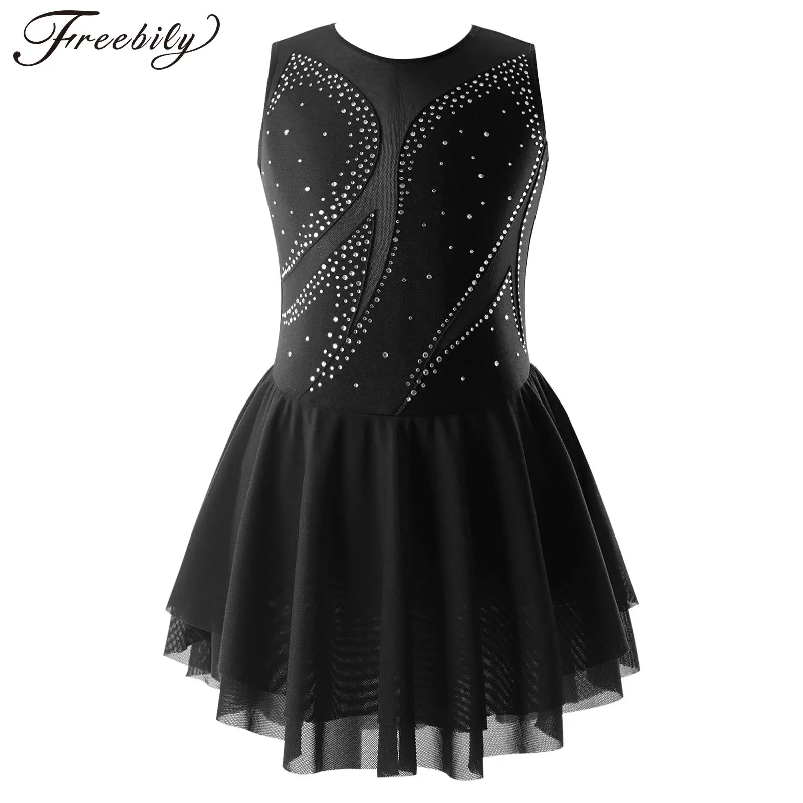 Kids Girls Figure Skating Dance Dress Ballet Tutu Artistic Gymnastics Show Costume Sleeveless Shiny Rhinestone Leotard Dresses