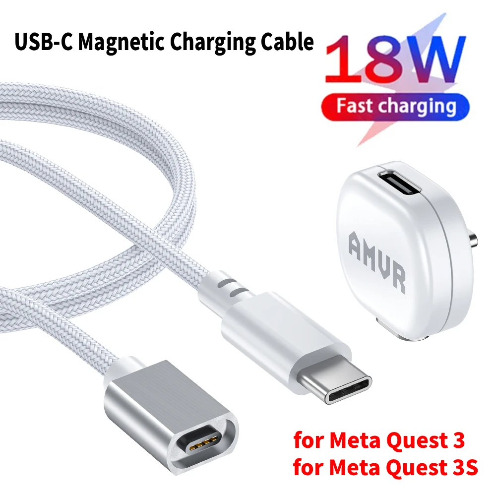USB-C Cable 18W Fast Charger Cables for Meta Quest 3 & 3S VR 1.2m AMVR Magnetic Charging Cable for Meta Quest 3 VR Accessories