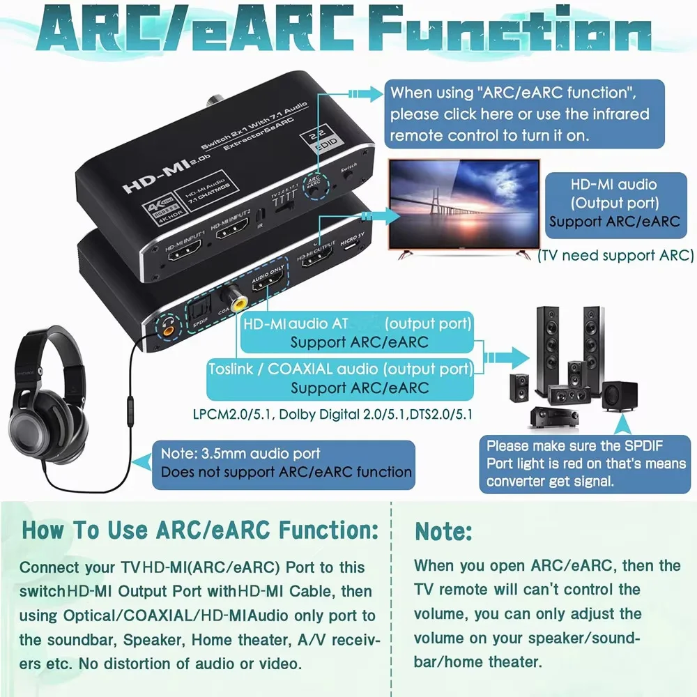 2x1 4K@120Hz HDMI-compatible 2.0 Switch eARC Audio Extractor 4K 60Hz 2 port HDMI-compatible to ARC Optical Toslink SPDIF 3.5mm