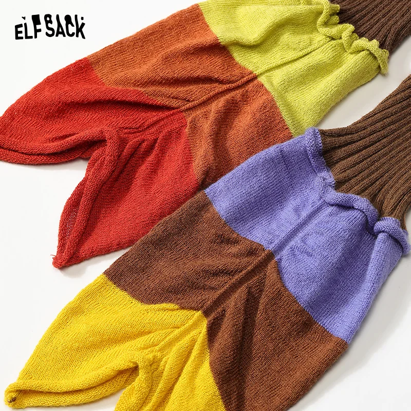 ELFSACK 2024 Autumn New Arrive Retro coffee color contrast stitching pile long sleeve slim sleeve knitted sweater for women