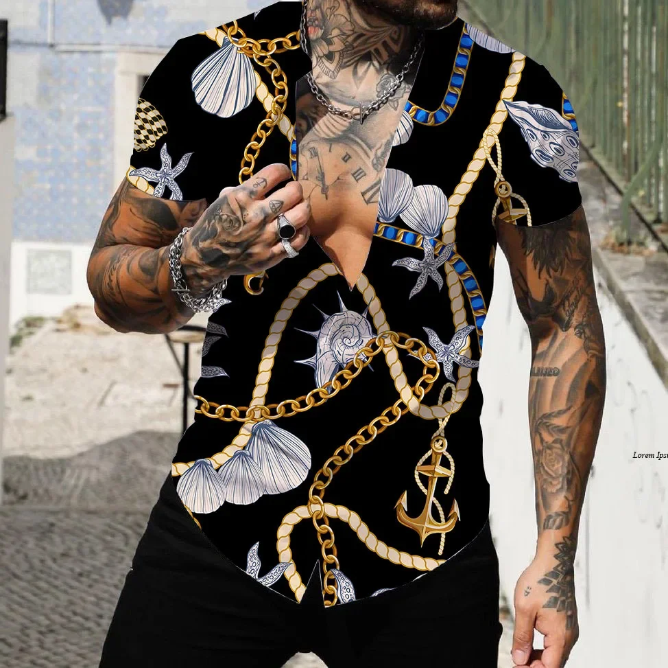 Chemise hawaienne homme ete imprime motif baroque blanc vert sur fond noir manches courtes plusieurs styles au choix