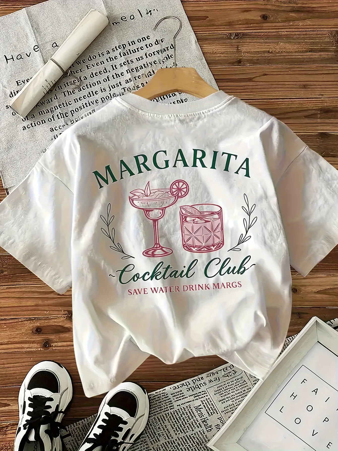 Margarita Cocktail Club Women's Tee - Save Water Drink Margs Graphic, Casual White Top