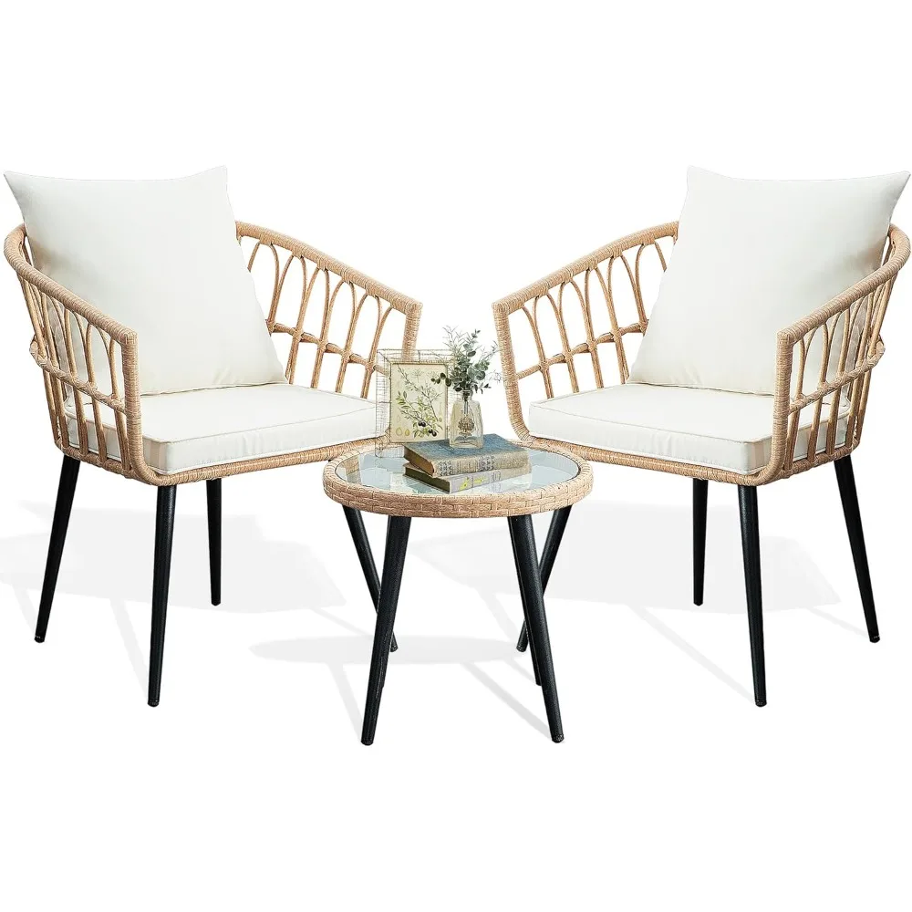 3 Piece Terrace Bistro Set, Outdoor Wicker Apartment Balcony Furniture Set, Rattan Table and Chair 2 Piece Set, Beige