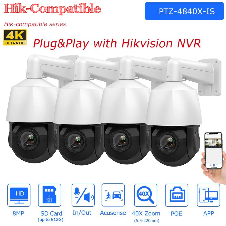 4pcs Hikvision Compatible 8MP 40X Zoom PTZ IP Camera Human Vehicle Detection Two-way Audio Outdoor Security Surveillance Camera