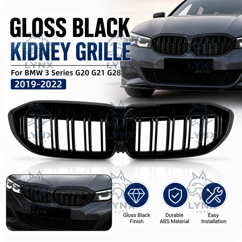 For BMW 3 Series G20 G21 G28 2019-2022 Double Slat Gloss Black Shadowline Front Kidney Grille Replacement Aftermarket