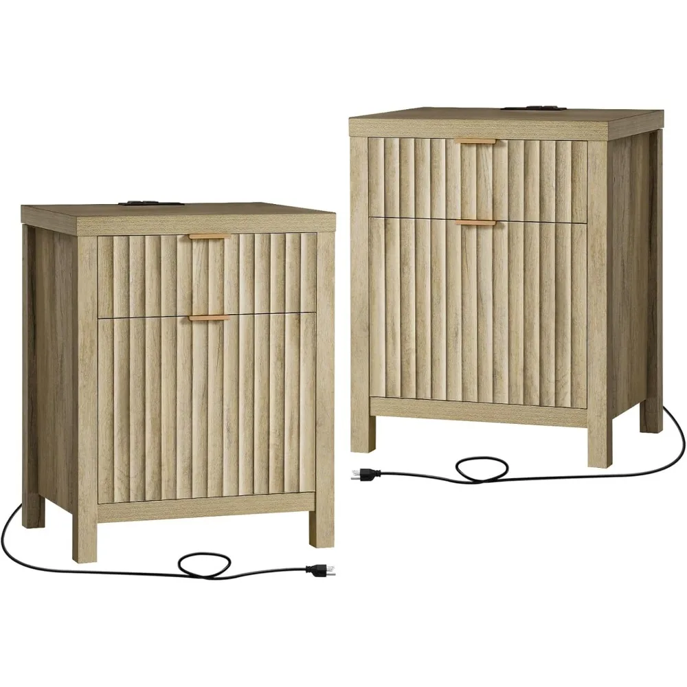

Oxford 2 Drawer Nightstand, End Table with Charging Station, Night Stand with Fluted Panel, Farmhouse Sofa/Bed Side Table Set of