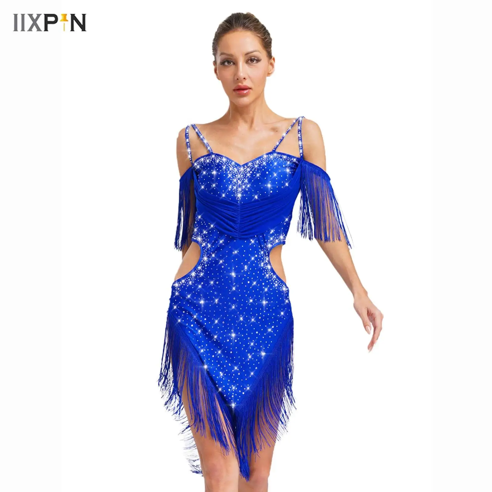 

Women's Latin Dance Cha-Cha Tango Performance Costume Cutout Backless Spaghetti Straps Fringe Shiny Rhinestones Dress Dancewear