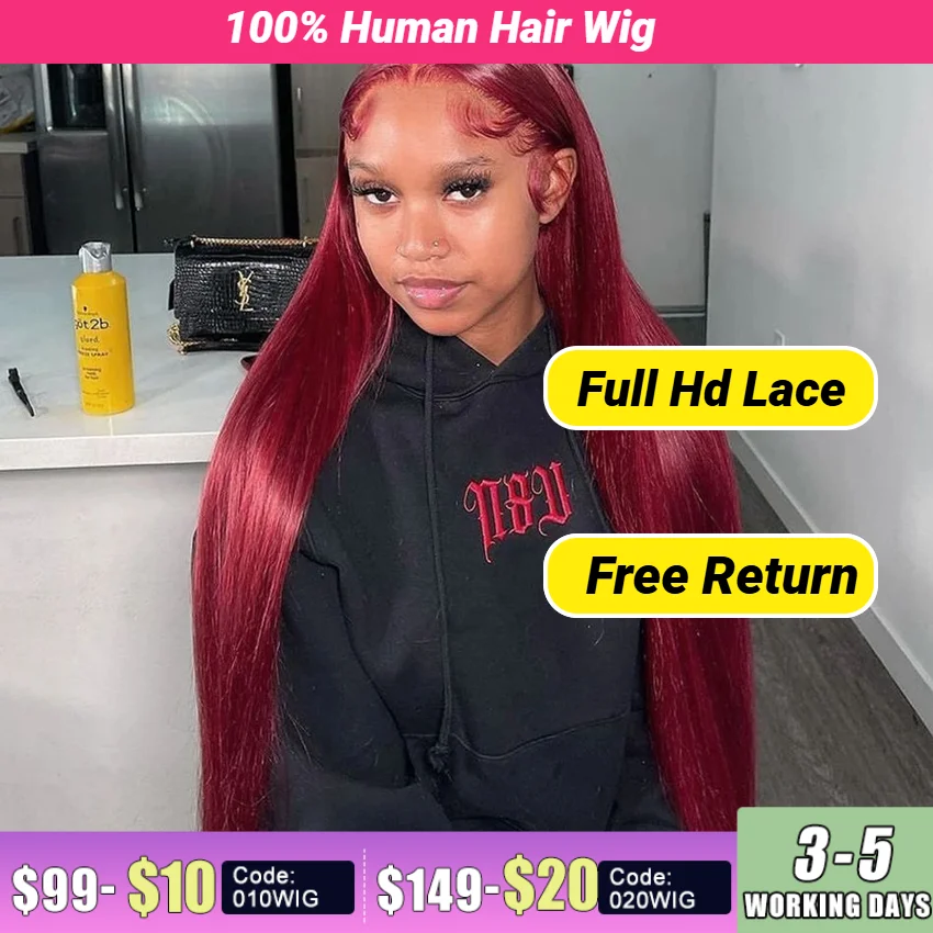 Perruque Lace Front Wig Naturelle Lisse Rouge Bordeaux 99J, 4x4, 13x6, HD, pour Femme