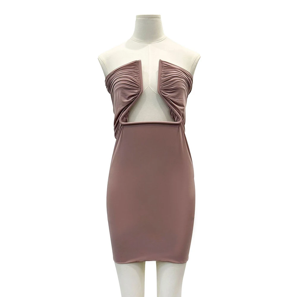 Openwork Split Metal Ring Decorated Women's Dress Sexy Strapless Stretch Knit Fitted Strapless Sleeveless Dress 2026 Spring New