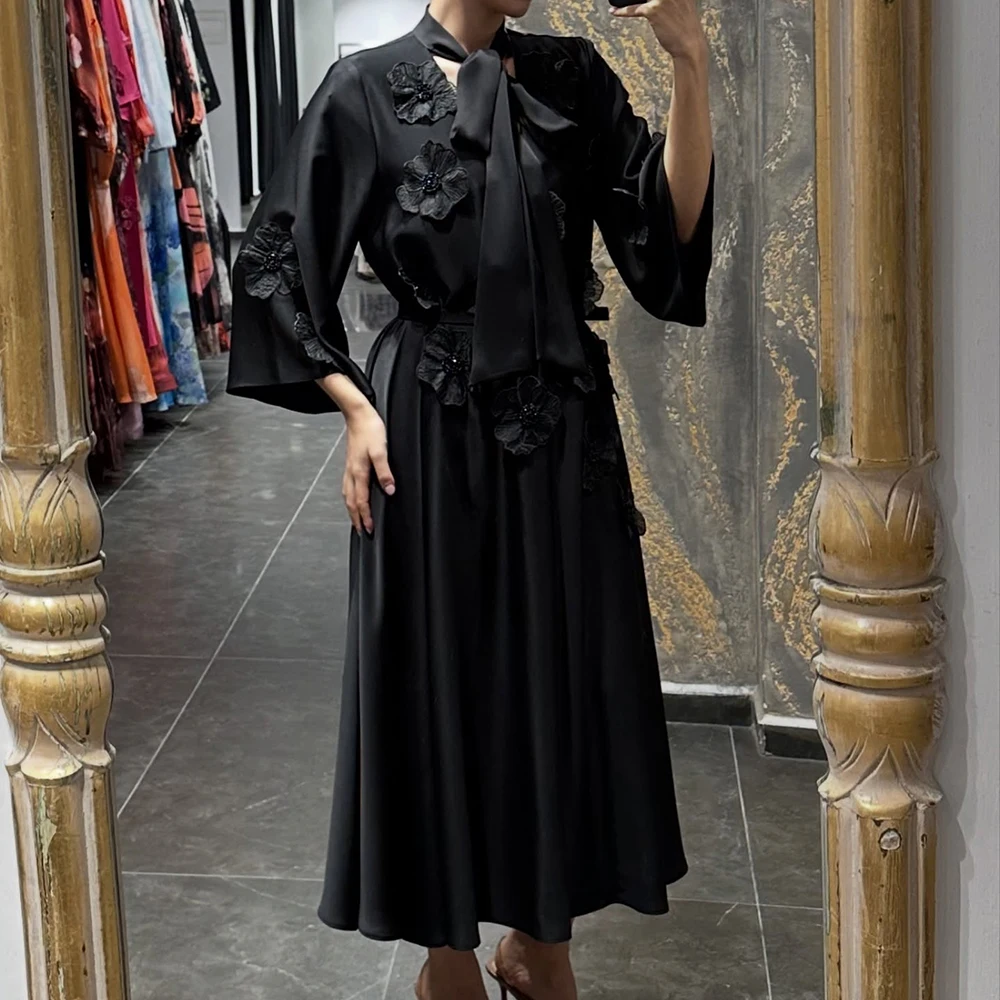 

Customized A-line Evening Dresses Tea-length V-neck Full Sleeve Prom Gown Fashion Beading Flowers Simple Draped Party Gown