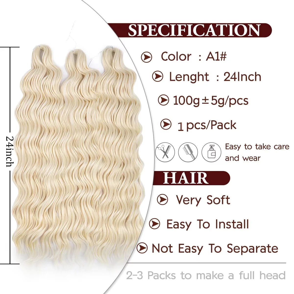 Cabello Anna, trenza de ganchillo para mujer, extensiones de cabello trenzado sintético suelto de onda profunda, 24 pulgadas, Rubio degradado, giro rizado profundo