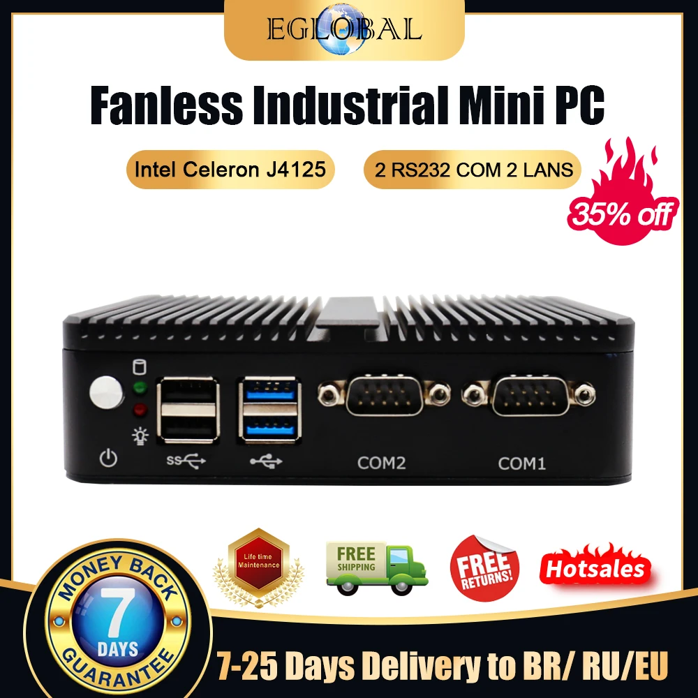 Eglobal Intel 12th Gen Elkhart Lake J6412 6413 N95 N100 Fanless Mini PC Dual LAN 2x RS232 Windows 11 Linux Industrial Computer