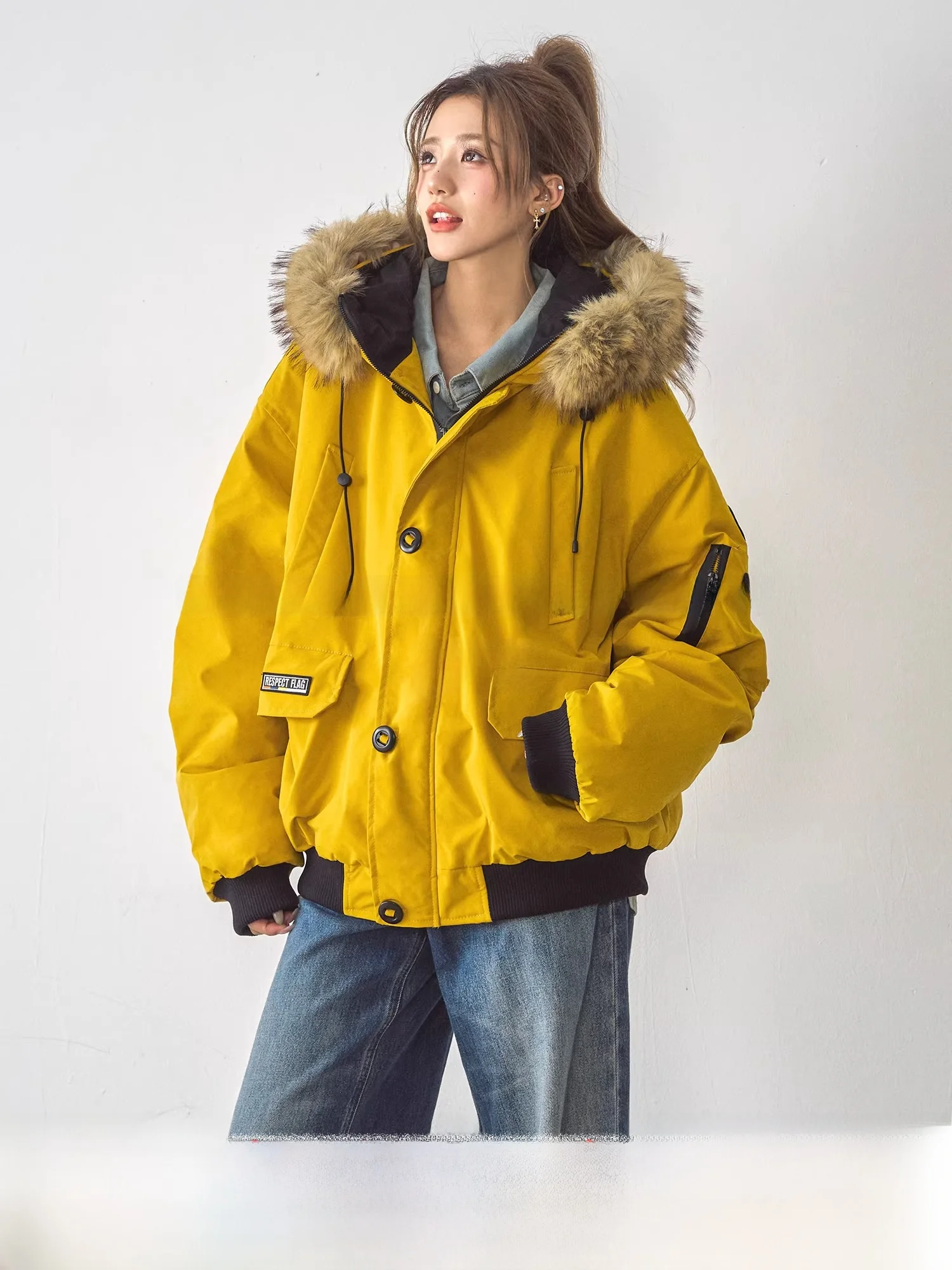 

Thiened Winter Cotton Jaet Women's Parka Sle Coat with Hood And Fur Collar Warm Comfortable Street Sle Loose Fit