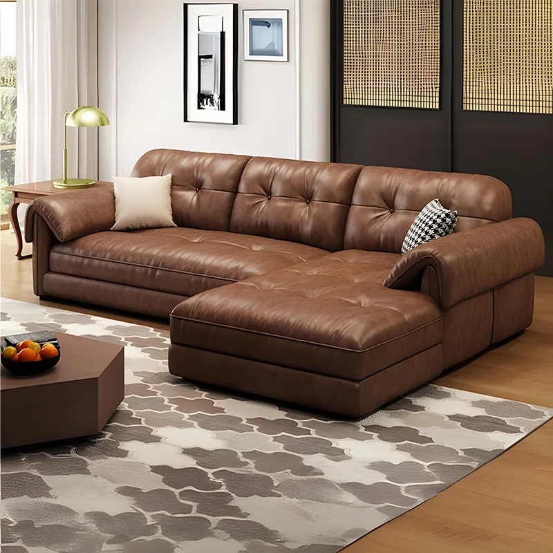 Oil wax leather elephant ears leather sofa living room straight row leather art sofa