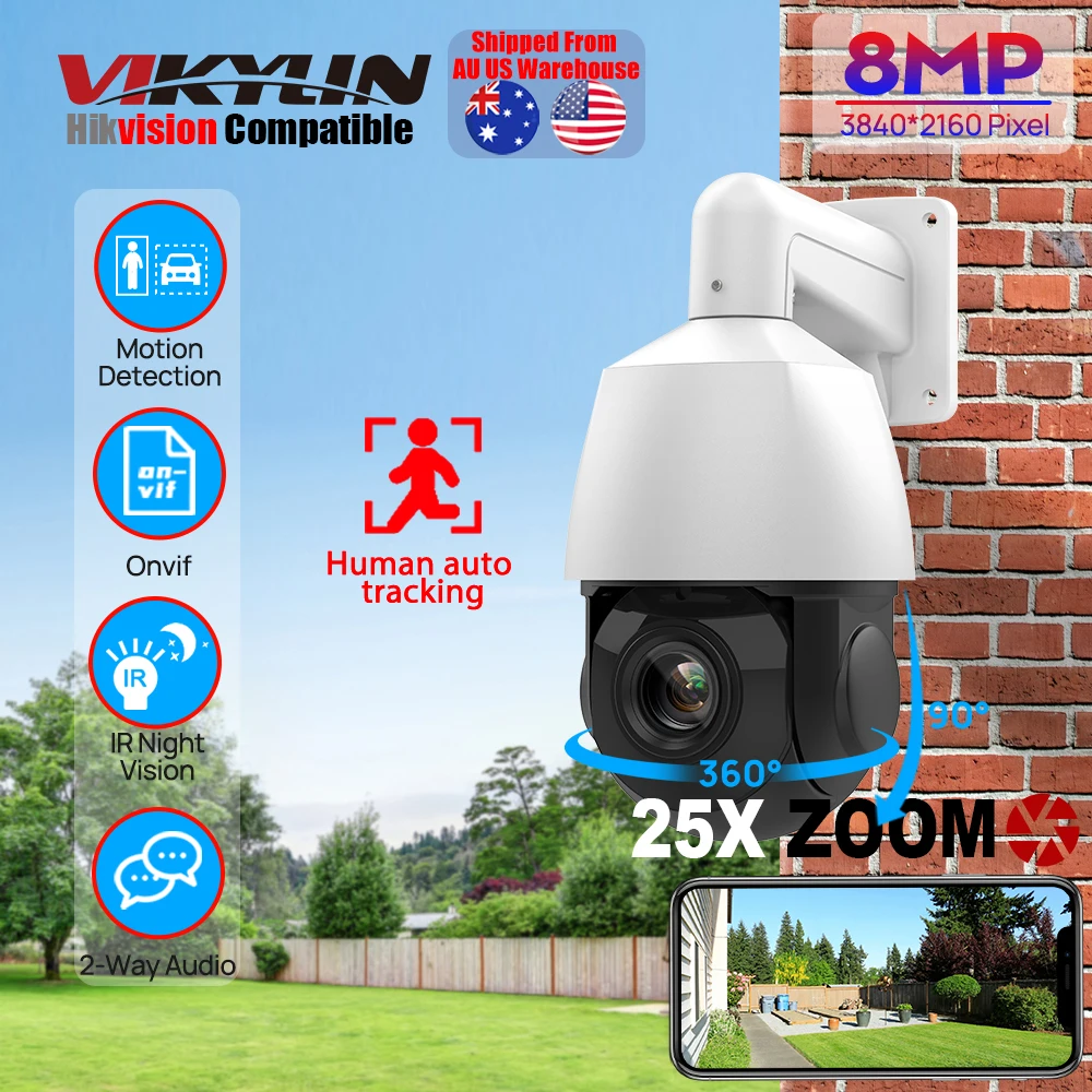 Vikylin 8MP Home CCTV POE IP Security Camera 25X Zoom 100M IR Night Vision PTZ Human Auto Tracking MD2.0 For Outdoor Security Surveillance POE Camera Support Onvif IP67 CCTV Camera Outdoor