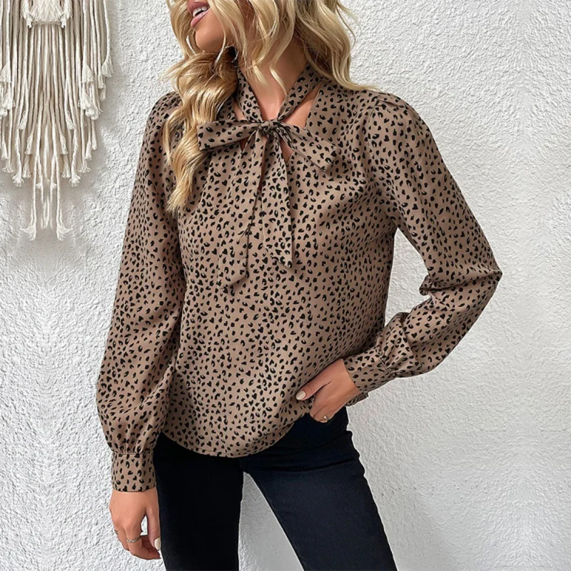 

Women Long Sleeve Blouses Leopard Print Chiffon Tops V Neck Loose Business Shirts Casual Work Tunic