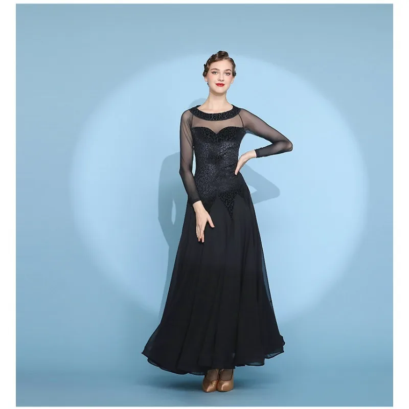 Customized Tango Velvet Ballroom Dance Costume Modern Dance Dress Waltz Big Swing Skirt