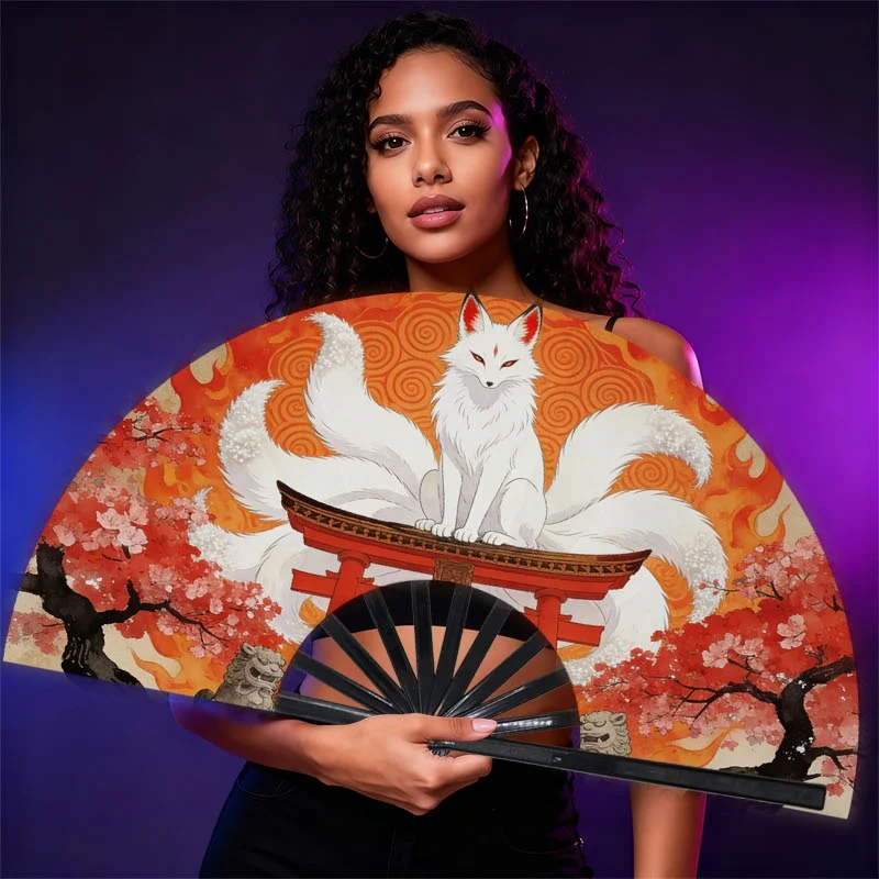 Men'S Handheld Fan, 1pc, Polyester Material, Japanese-Style Nine-Tailed Fox Torii Design, Lightweight And Portable, Suitable for Daily Use, Outdoor Activities, Traditional Aesthetic, Fashionable Accessory for Men, Without Battery