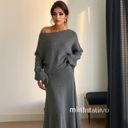 Women Skirt Sets Two Piece Long Sleeve Slash Neck Pullover Solid Knitted Casual Slim Fit Long Skirts A Line Elegant Lady