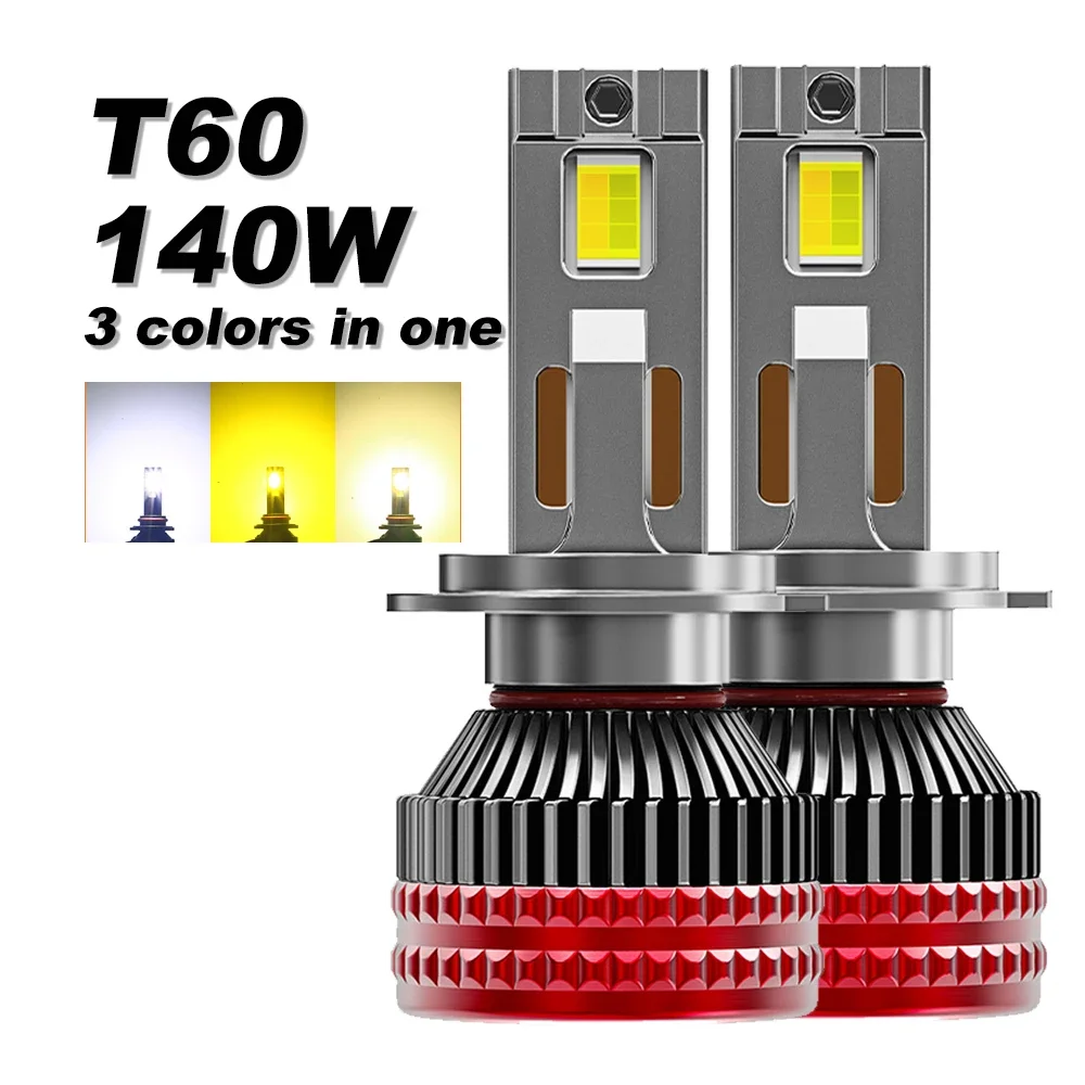 

T60 3 Colors in One White Warm Yellow H7 H11 H8 H4 H1 H3 9005 9006 HB3 HB4 9012 HIR2 LED Car Headlights 140W 3570 Big Chipset
