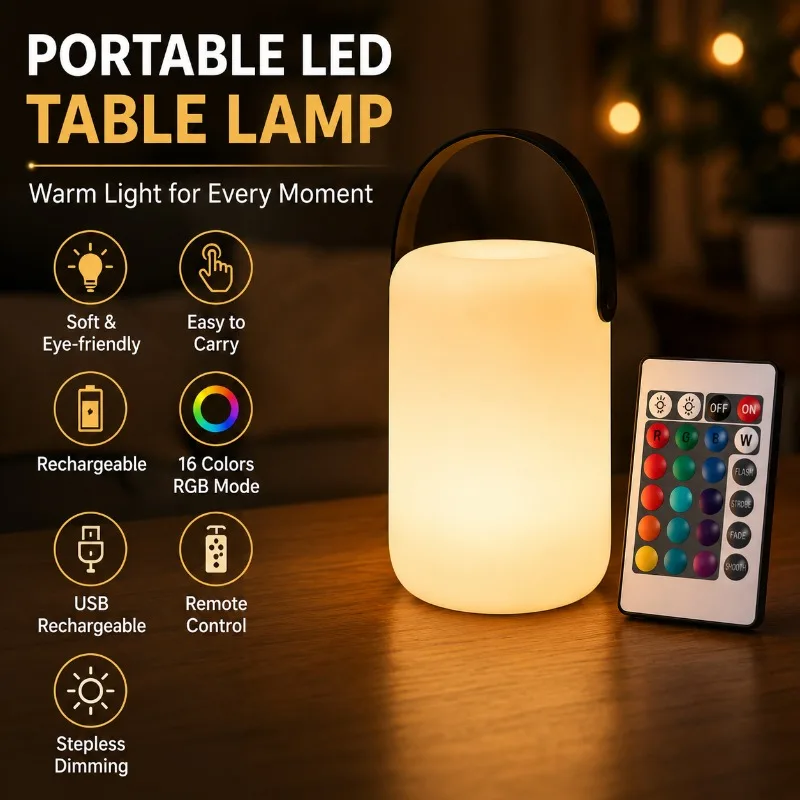 USB Rechargeable LED Table Lamp 16 Color RGB Remote Control Type-C Portable Handle Night Light for Bedroom Camping Table Lamp
