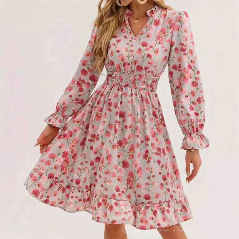 Summer Sexy V Collar Floral Ruffles Mini Dress Women Casual Long Sleeves Print Dresses New Elastic Waist Bohemia Vestidos