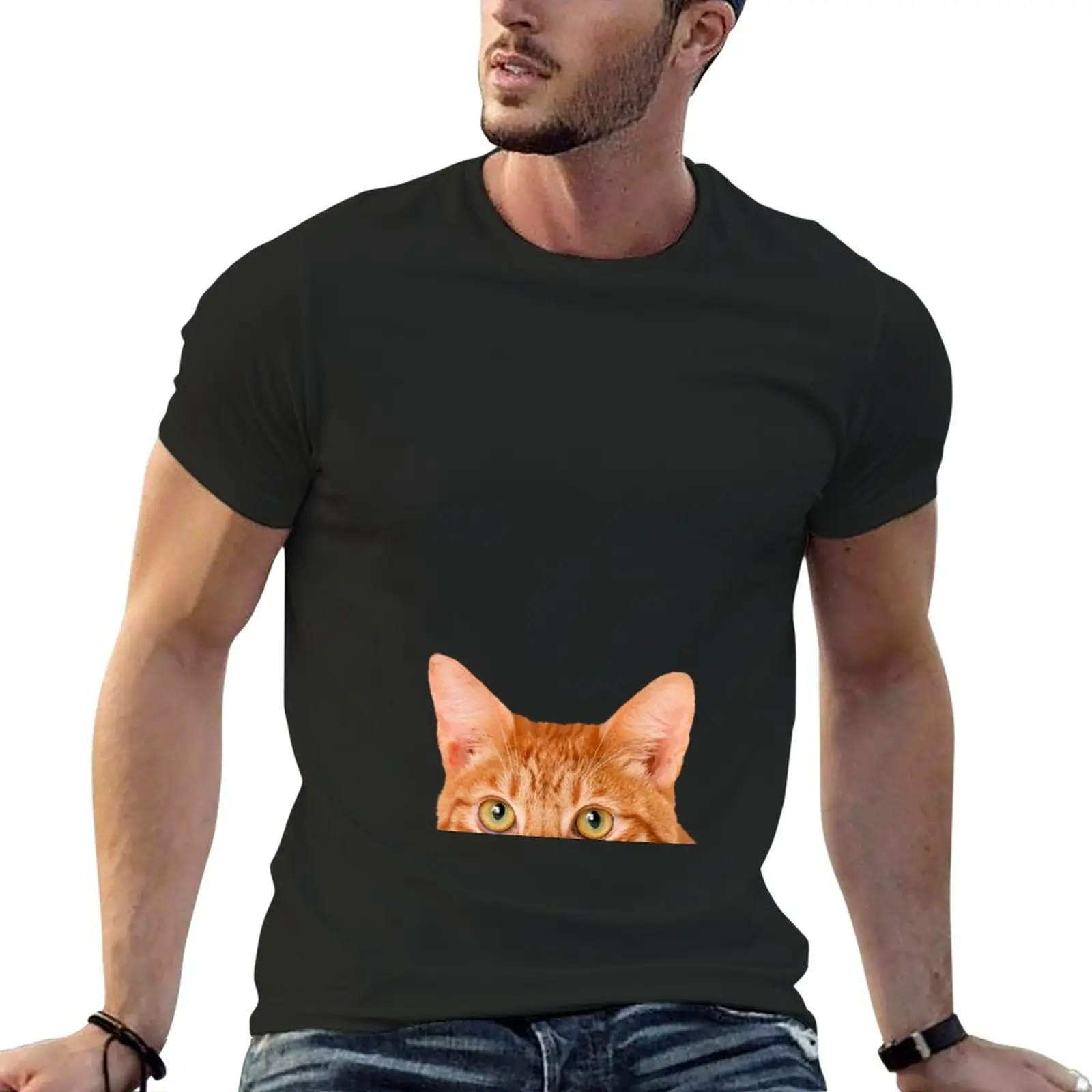 Orange Tabby Cat Peeking Face Head T-Shirt summer top black t shirt boys t shirts mens graphic t-shirts funny