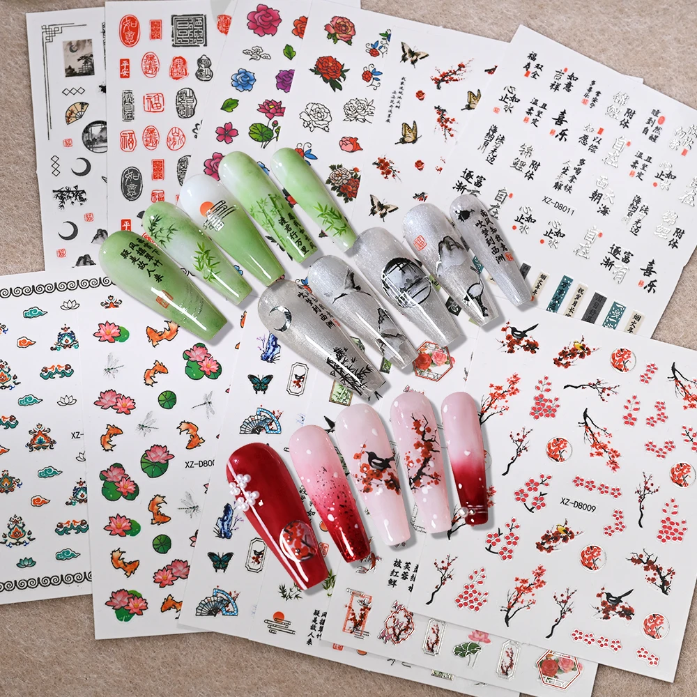 12 Uds. Calcomanías 3D Vintage de bambú/hoja/flor de ciruelo/Pez Koi para uñas, pegatinas de personajes chinos para decoración creativa de uñas