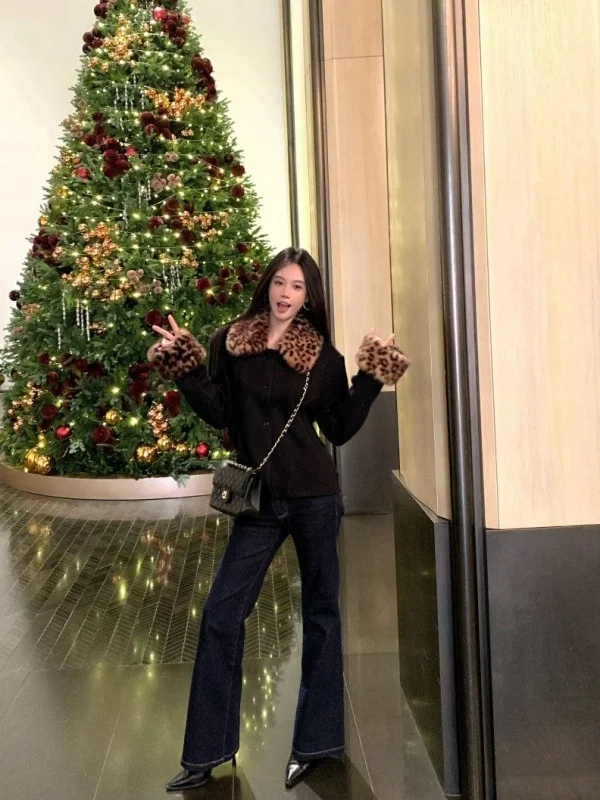 

Утепленное пальто с воротником из искусственного меха, женское винтажное теплое пальто с леопардовым принтом, длинное, на пуговицах, черное