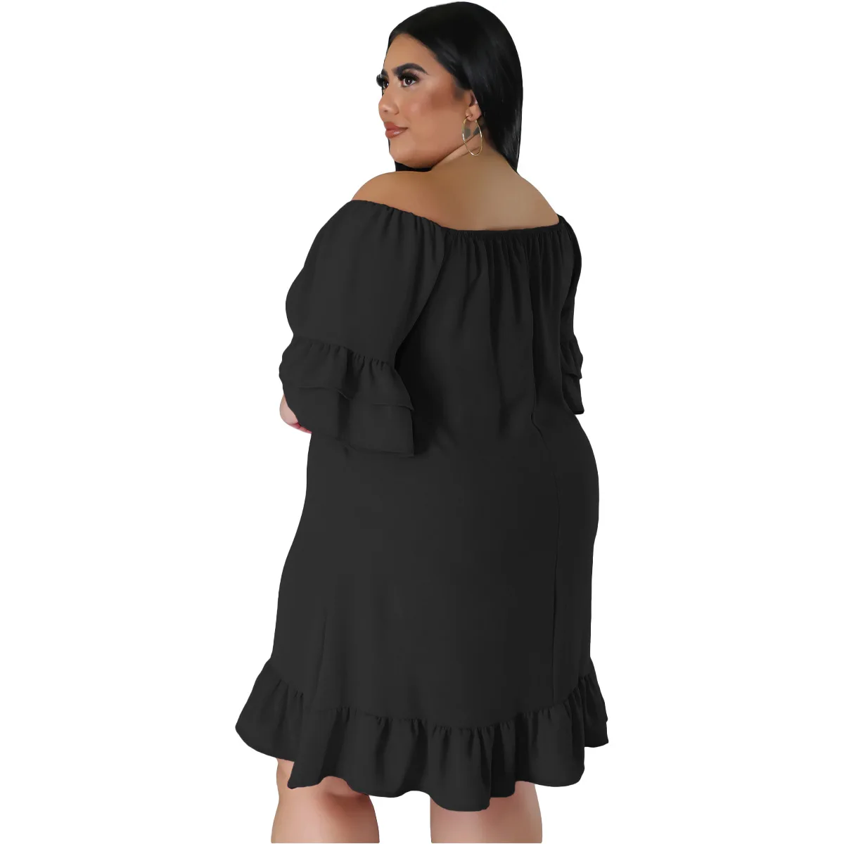 XL-5XL 2023 Summer Plus Size Dresses for Women Clothing Fashion Ruffles Short Sleeve Slash Neck Loose Casual Elegant Midi Dress