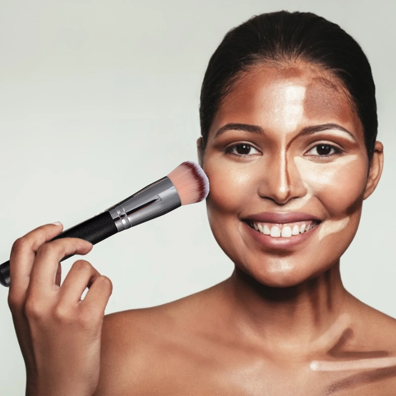 Pinceau de fond de teint, 2 pièces, poils synthétiques doux pour l'auto-bronzage et le mélange des zones du visage, usage quotidien professionnel