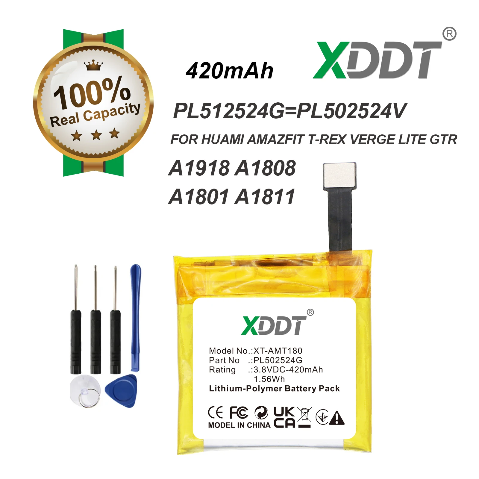 XDDT 420mAh PL512524G PL502524V Battery For Huami AMAZFIT T-rex Verge Lite Gtr A1918 A1808 A1801 A1811 Smart Watch Batterie