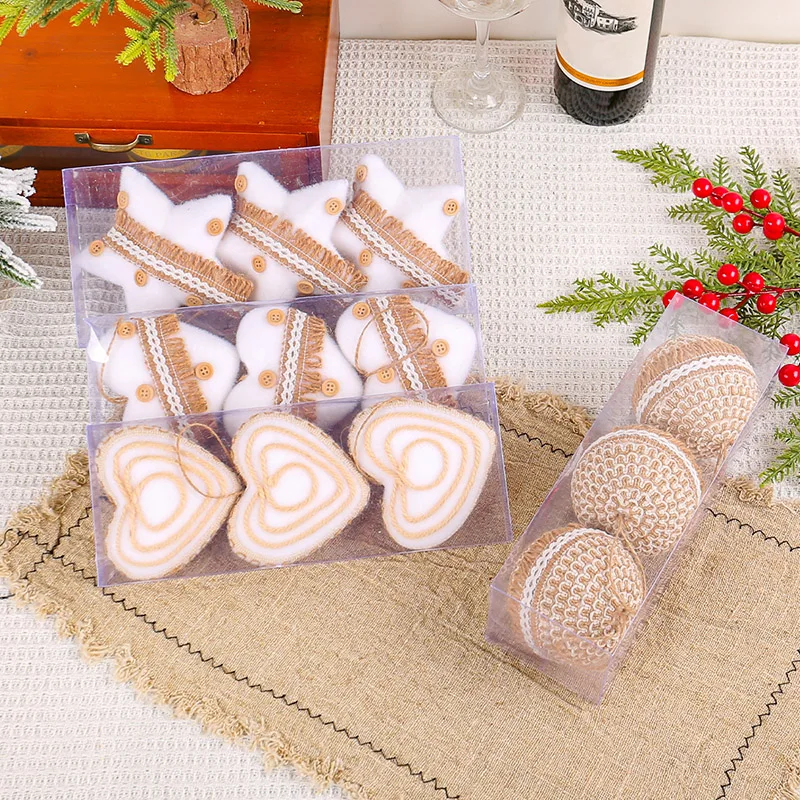 

3pcs/set Hemp Rope Decorative Ball Christmas Tree Small Ornament Christmas Pentagram Love Ball Atmosphere Pendant Foam Tassel