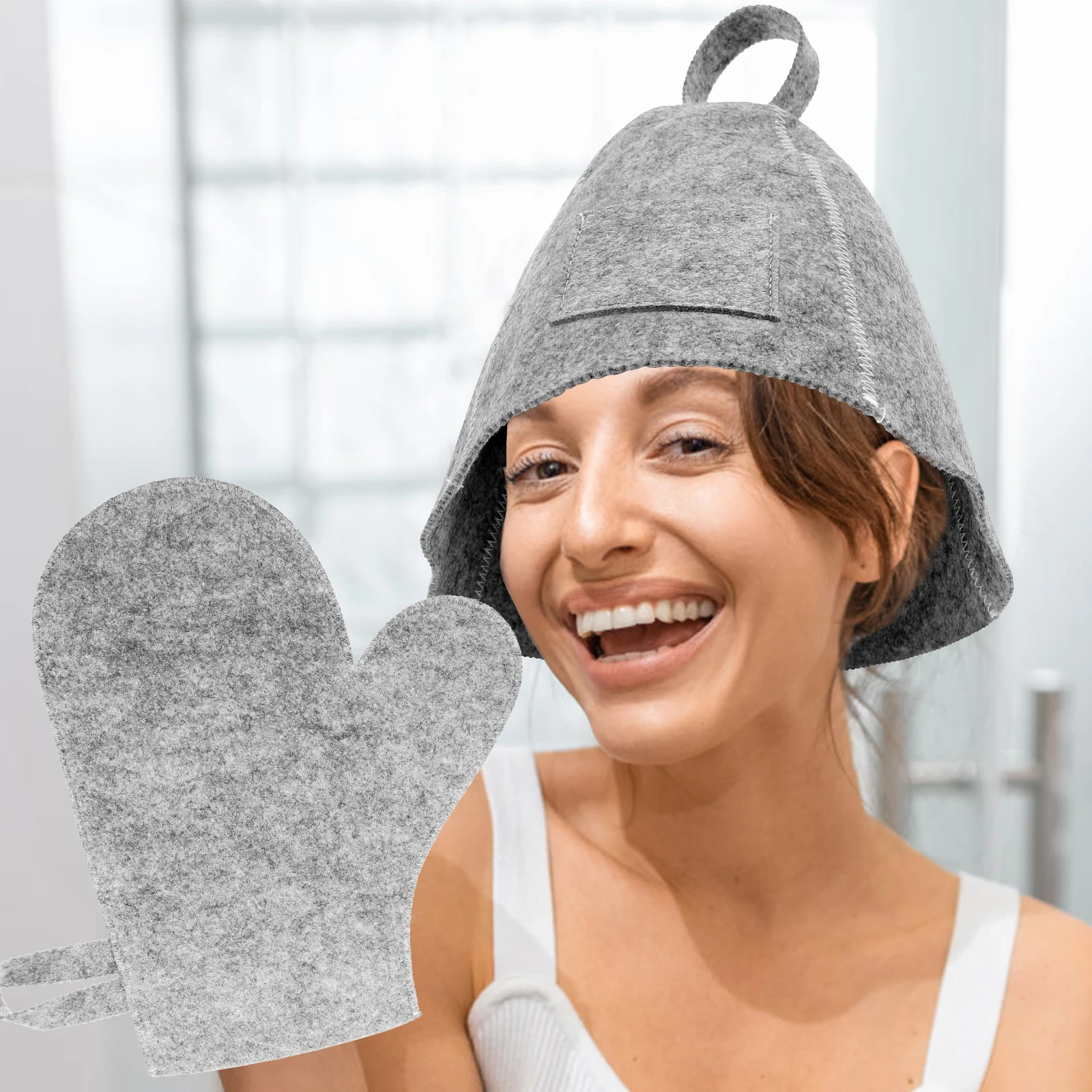 

1 set Felt Sauna Hat Mat Glove Set Grey Bathing Caps for Women Hair Protector Shower Accessories Spa Gifts Portable Baths
