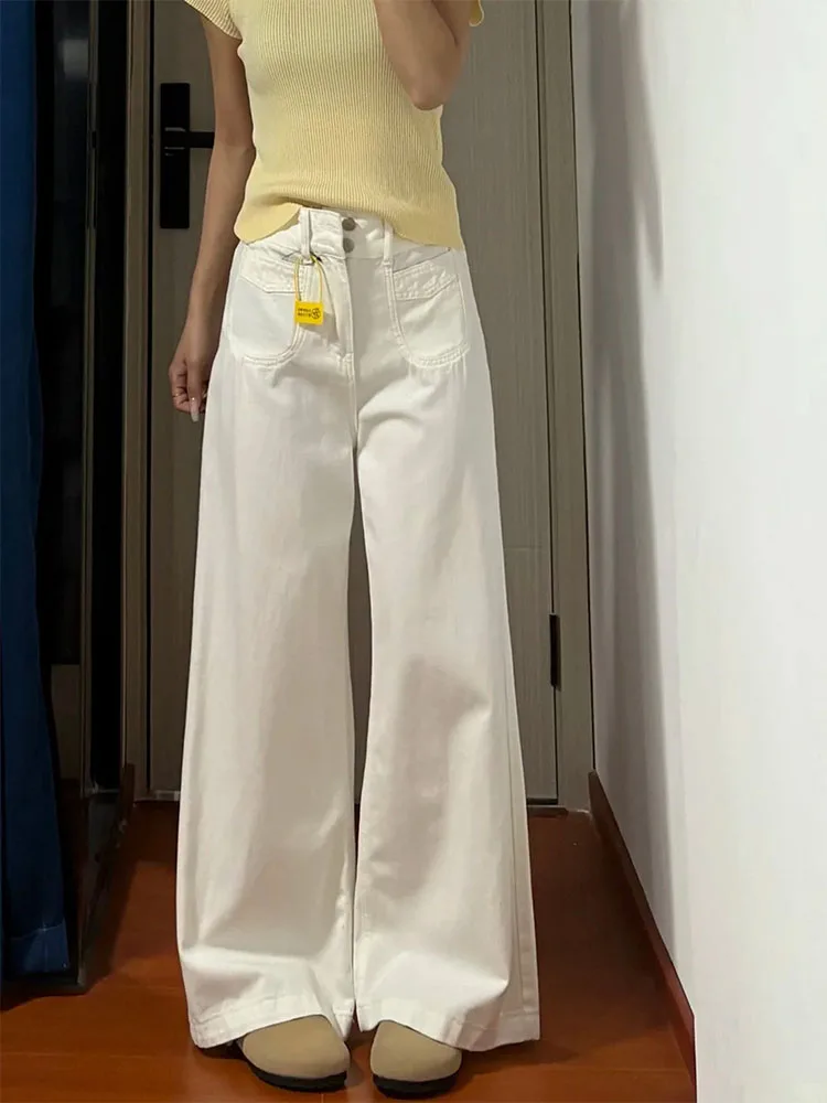 

White High Waist Wide Leg Jeans Women's Spring Summer plus Size Loose Slimming Drapey Straight Leg Pants Floor-Length Pants