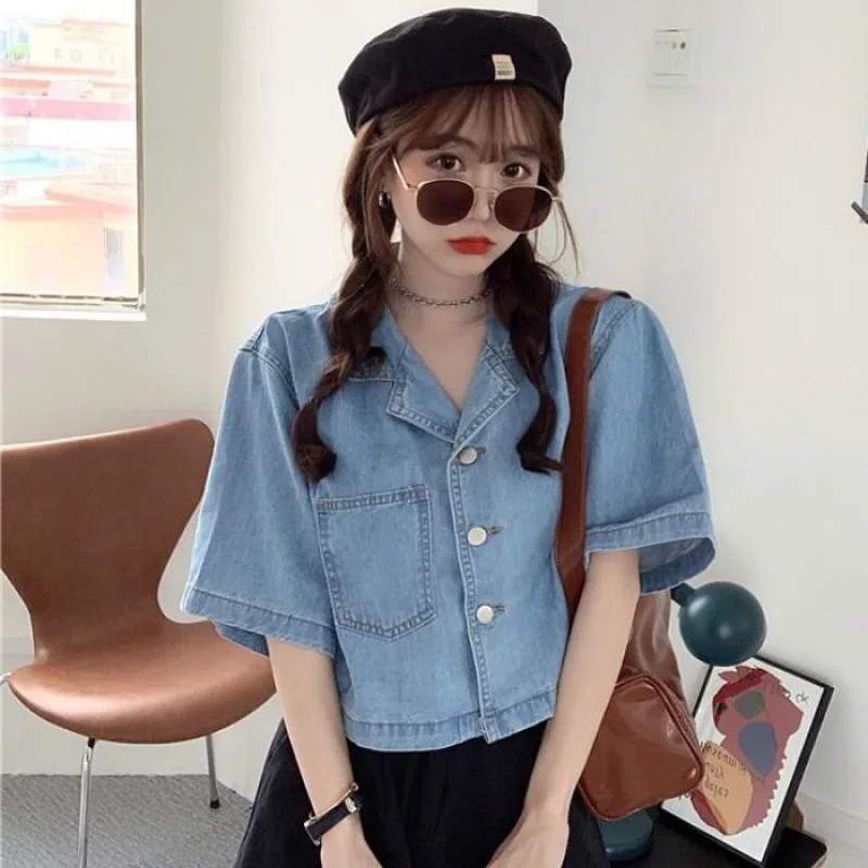 S-4XL Short Sleeve Denim Blouse Summer Women Notched Collar Loose Casual Short Shirt Versatile Female Solid Tops